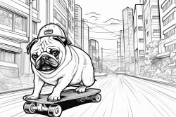 pug skateboarding through tokyo