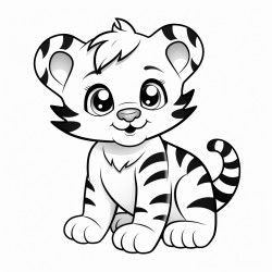 black and bright white whimsical cartoon tiger cub full body on white background