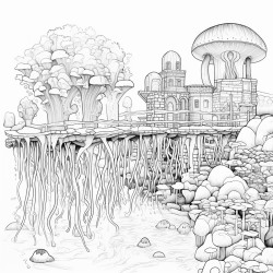 cosmic jellyfish exploring underwater ruins