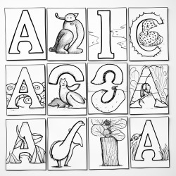 a colouring page of ten different images that start with the letter a