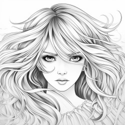 greyscale adult coloring page with manga woman with long hair