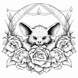 tattoo style bat surrounded by peonies