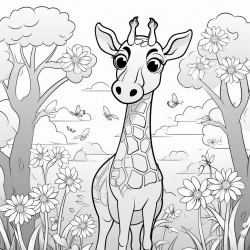 a giraffe in the forest with flowers