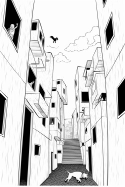 dog run between buildings bw white background