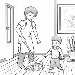 a 3 year old boy and his mom both are having brooms in their hand and are cleaning the floor