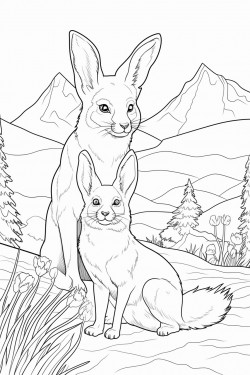 a fox and a rabbit in a mountain scene