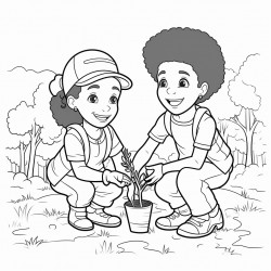 professional sketch drawing of african boy and a girl chlid planting trees in the forest for coloring book coloring page