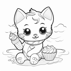 kitty laying on the beach eating ice cream