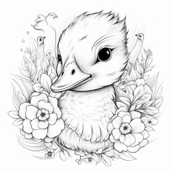 cute baby duck with a cosmo flower on his head clear lines