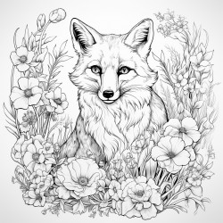 a fox surrounded by flowers