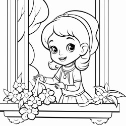 nia en el sector hogar solo con bordes negros para colorear