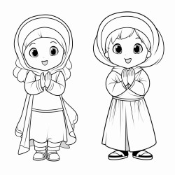 two little cartoon muslim girls wearing jilbab praying salah standing with hands raised up by ears