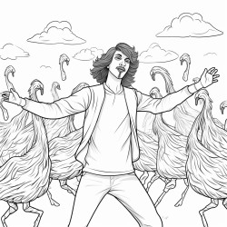 a young man with long hair surrounded by dancing ostriches