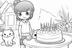 birthday postcard for a small girl from her adult male neighbor with cat in the background