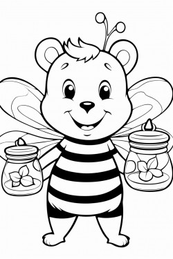 b is for bear a friendly bear holding a honey jar surrounded by buzzing bees