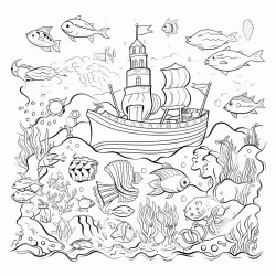 underwater adventure illustrate a variety of sea creatures coral reefs and underwater landscapes with hidden treasures like sunken ships and mermaids