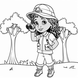 african american cute girl birdwatching holding binoculars looking into trees