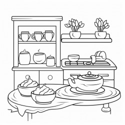 a kitchen with a cake dish on the counter