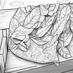 a cozy detailed scarf design with different types of leaves woven into its pattern draped over a wooden bench