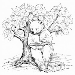 a bear reading books under an oak tree