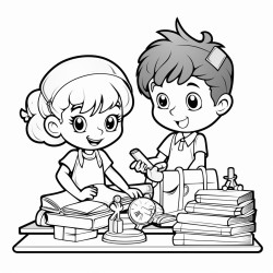 a happy little boy and girl playing with scholar supplies