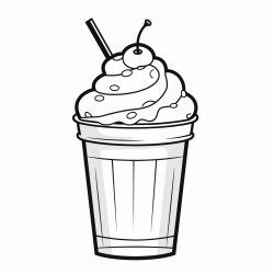 cartoon outlined in black line a milkshake in a tall glass with whipped cream and a cherry on top