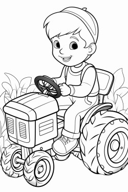little boy wearing overalls riding a tractor on a farm
