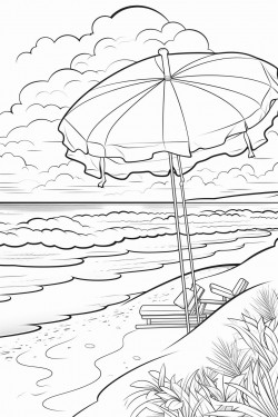 a spacious beach scene with a large umbrella and big waves