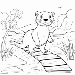 an otter walking in a pathway outline lineart coloring book 2d cartoon character