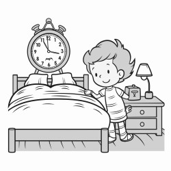 a 3 year old boy sleeping on his bed and there is clock on wall where time is 10 pm keep less details regarding room