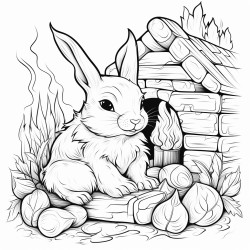 a cute rabbit curled up by a cozy fireplace with a stack of firewood nearby