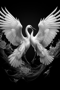 two white cranes facing each other with heads held high and wings open