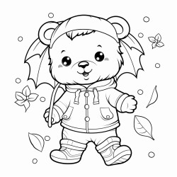 osito tierno con botas de lluvia pisando hojas secas de otoo en su patio cute