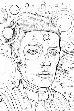 a face that has planets coming out of the top of the head