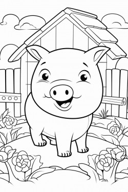 make me a simple picture of a happy pig in front of a farm in grass chasing butterflies in black and white