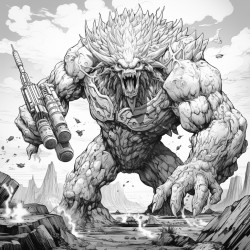 monster made of lava shooting a lava minigun