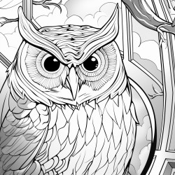 a extreme closeup of a wise old owl threequarter view to the left in a cozy treehouse interior pop art style for a adult