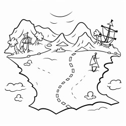 a simple treasure map featuring islands an x marking the spot and dotted lines showing a route