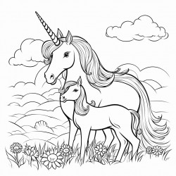 mom unicorn and her baby are sitting in the meadow and looking at the rainbow