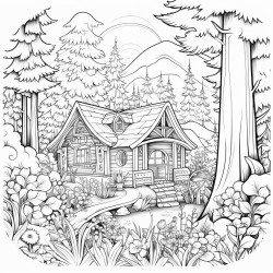 a cozy cabin in the forest coloring page