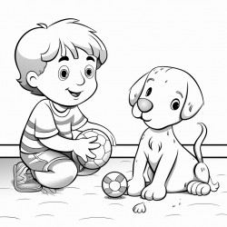 a toddler playing with a ball and his dalmatian dog in the living room