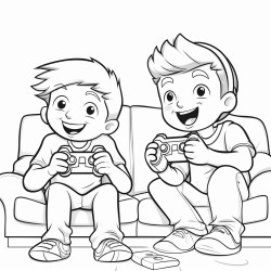 two young brothers playing video game at home