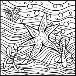 mosaic of starfish in front of seaweed 16 colors 100 curved segments bold black lines no details no grayscale no shadows coloring page