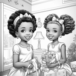 two little beautiful african american toddles with ponytails and bows playing with toys in a beautiful girly bedroom