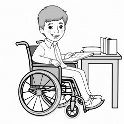 a little boy in a wheelchair working an it job
