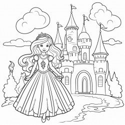 princess by a castle with a rainbow