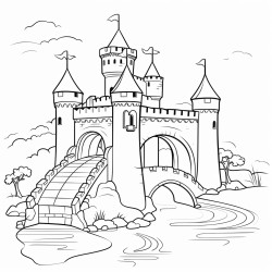 a castle on a hilltop surrounded by a moat and drawbridge