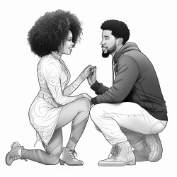 a black man on his knees proposing to a beautiful black woman with an afro