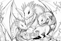 two adult dragons giving their newly hatched baby dragon a snuggle in their treasure cave
