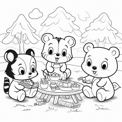 five cute little cartoon animals having a picnic together